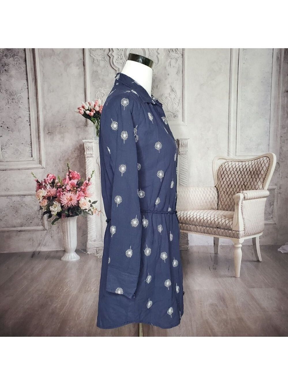 Umgee Dandelions Blue White Collared Button Down Belted Shirt Dress Size Small - Picture 4 of 8